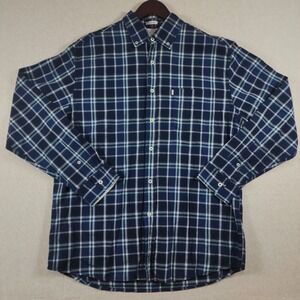 Aigle NWT Mens Plaid Button Down Large Organic Cotton Navy Blue Long Sleeve